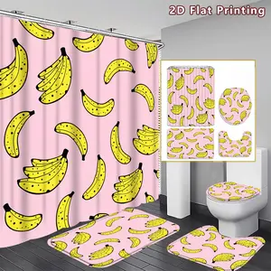 4PCS Yellow Bananas Shower Curtain set, Pink Background with Yellow Bananas Bathroom Decor, Accessories with Bath Mat, U-shaped Mat, Toilet Lid Cover, 12 Hooks 180x180cm Curtain, Banana Enthusiast, Home Decor, bathroom accessories