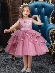 Girl's Floral Embroidery Ruffle Trim Tiered Layer Tulle Dress, Elegant Bow Decor Sleeveless Round Neck Party Dress for Performance Wedding Guest, Kids Clothes for All Seasons, Embroidered Tulle Dress