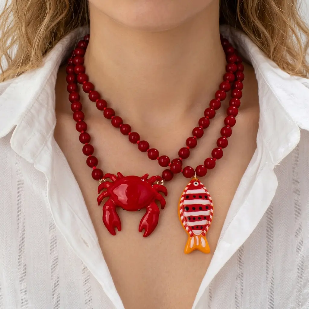 2 Pcs Beaded Crab & Fish Pendant Necklace Set For Women, Bold Ocean Beach Style Statement Layered Jewelry, Unique Vacation Accessory Perfect For Summer Seaside Outfits & Thoughtful Holiday Gifts