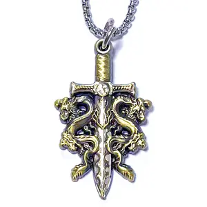 Sword and Double Asian Dragons 24k Gold and Sterling Silver Necklace with Chain