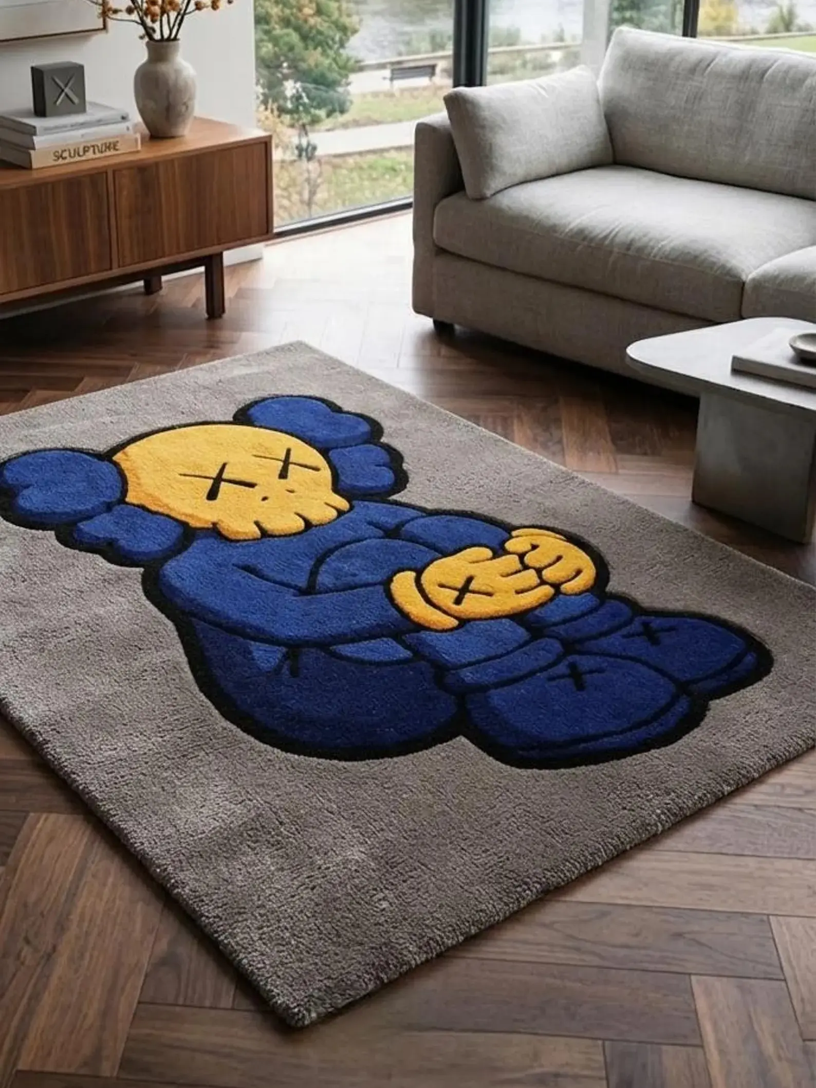 KAWS Inspired Handmade Tufted Area Rug, Punch Needle Street Art Decor for Modern Home