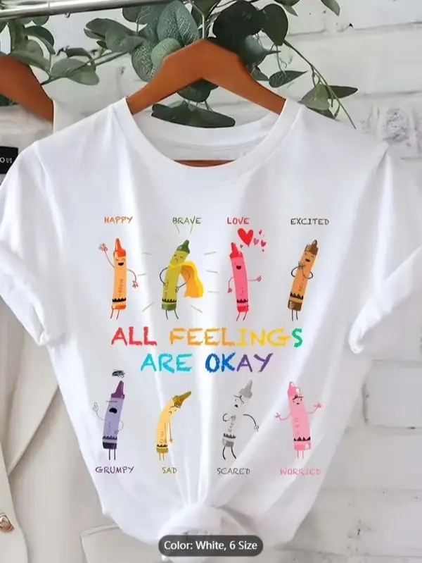 Women's All Feelings Are Okay Graphic T-Shirt - Cute Cartoon Crayon Emotional Expression Print, Short-Sleeve Crew Neck, Breathable Cotton Fabric, Baggy Casual Summer Top, Mental Health Awareness Aesthetic, Perfect Creative Gift for Students, Shortsleeve,