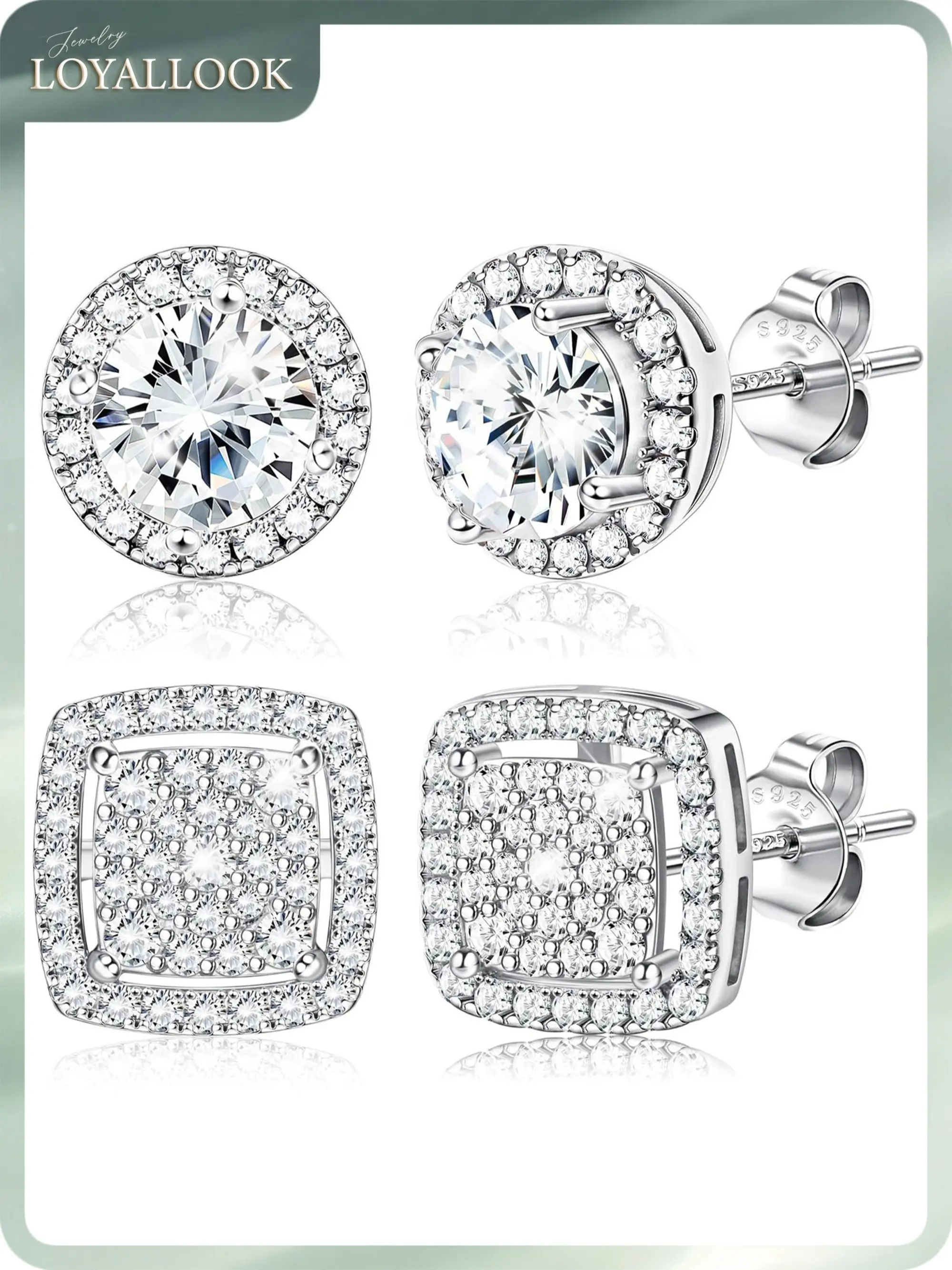LOYALLOOK Cubic Zirconia Stud Earrings for Women Men Hypoallergenic 925 Sterling Silver Halo Studs Set Round Square Iced Out Earrings 18K Gold Plated Simulated Diamond Cut CZ Stud Earrings Set