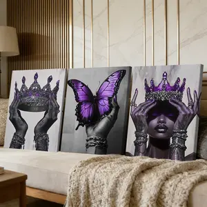 3 Counts Wooden Framed Canvas Painting, Purple Crown And Butterfly Art Images, Exquisite Poster, Perfect Living Room Decoration, Modern Art, Fashion Family Poster, Wall Art Decoration, Waterproof Art