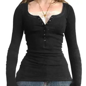Women’s long-sleeve henley tops, casual button-up tunics/blouses, ribbed slim-fit shirts, Y2K lace patchwork pullover shirt