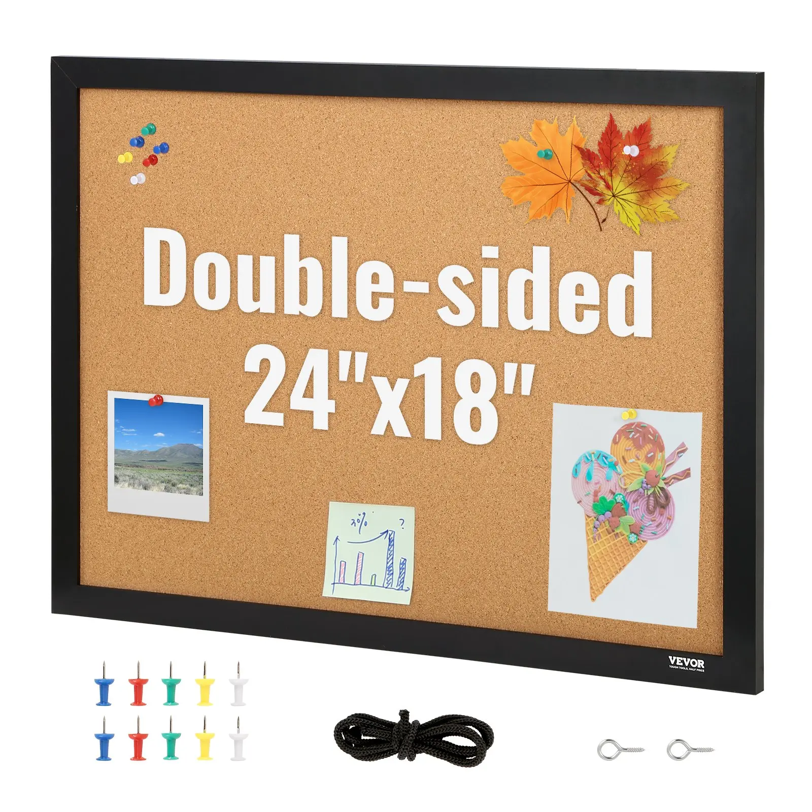 【DealsForYouDays】VEVOR Cork Board, 24 x 18 inches, Double-sided Bulletin Board with MDF Sticker Frame, Vision Board Includes 10 Pushpins, for Display and Decoration in Office Home and School