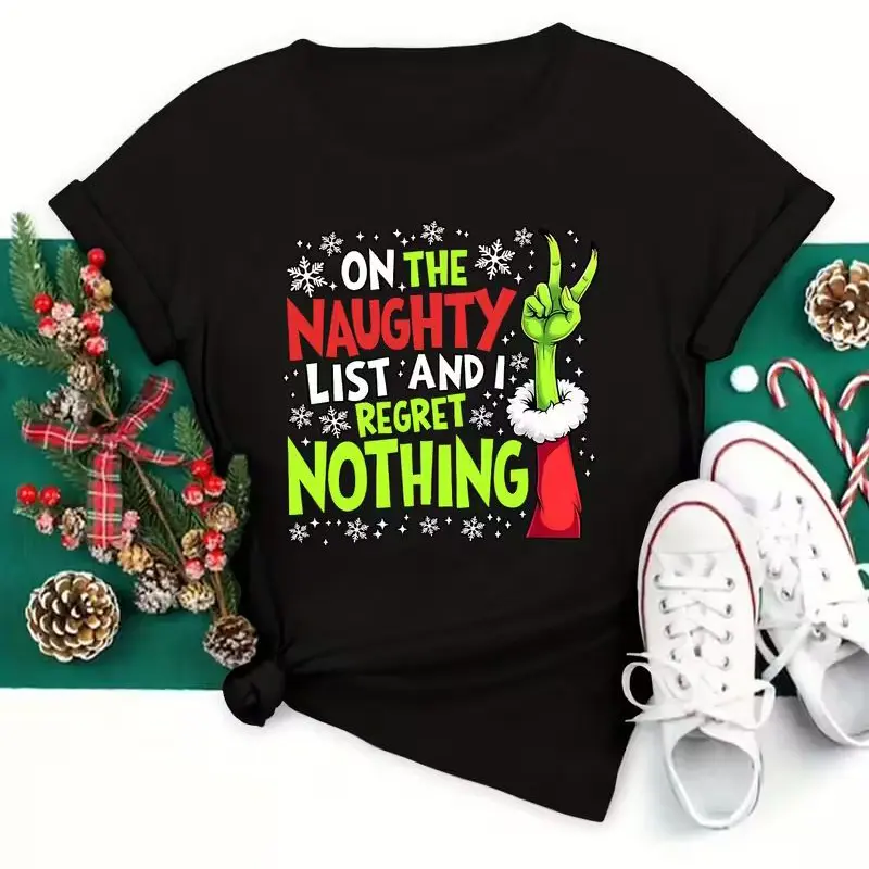 Plus Size Women’s Oversized Fit Crew Neck Graphic T Shirt - "Naughty List & I Regret Nothing" Santa Hat Print, Short Sleeve Statement Tee, Machine Wash Christmas Party Outfit