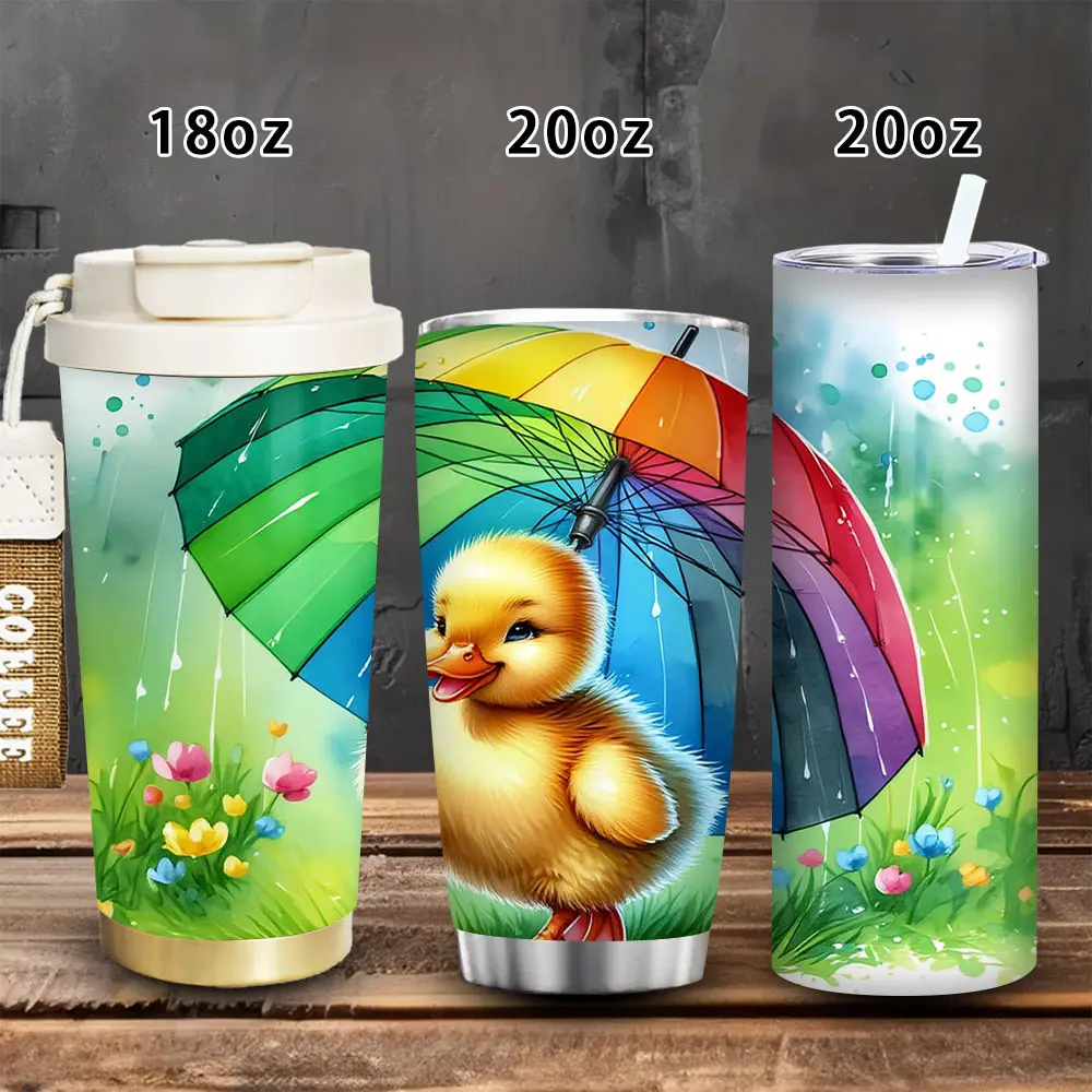 1pc 18oz/20oz Colorful Duckling with Umbrella Tumbler with Lid and Straw, Winter Insulated Travel Mug, Gift for Women Men, Ideal for Valentine’s Day, Easter, Birthday Gift, Iced/Hot Coffee Cup, Flasks, Portable