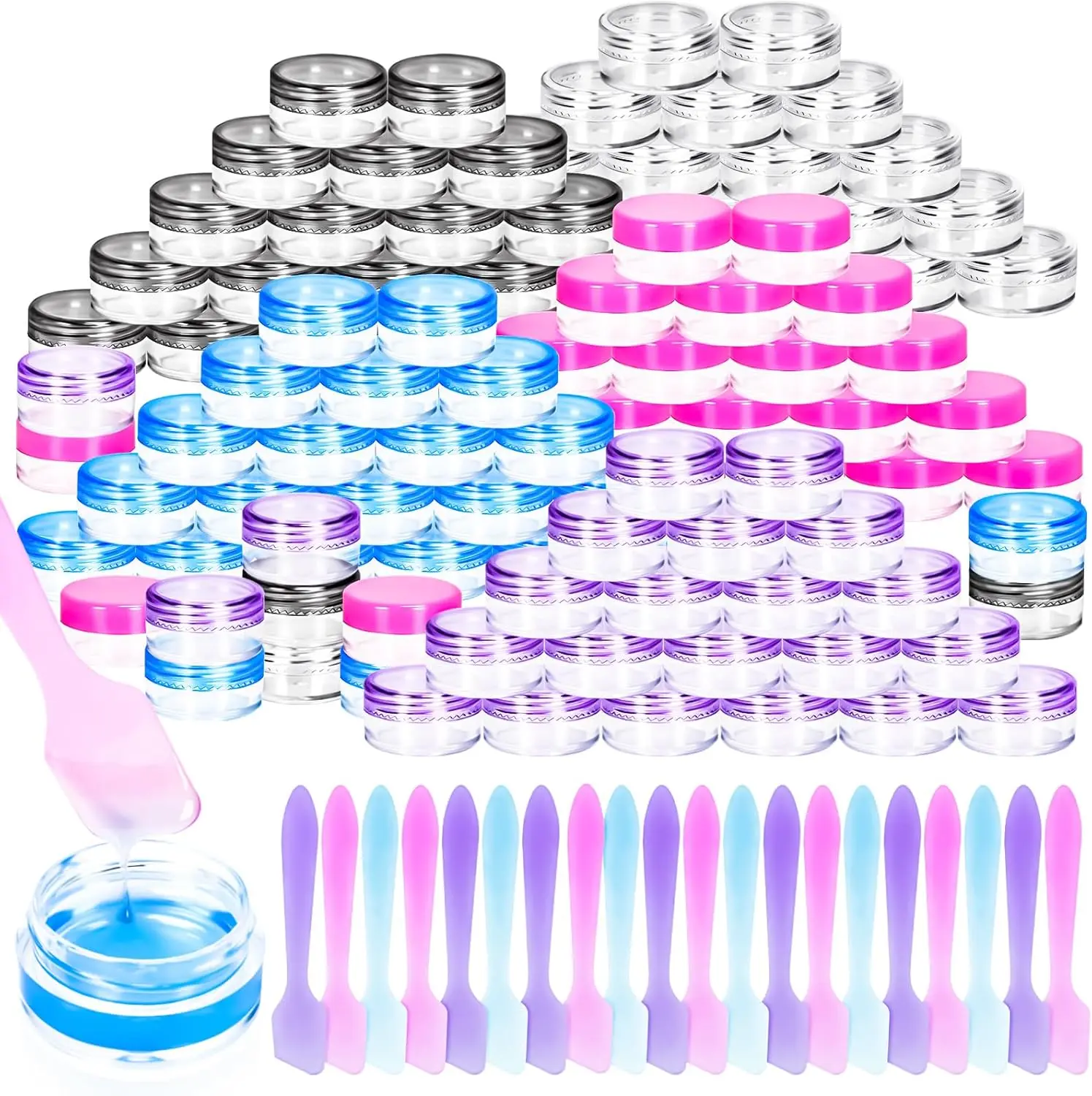 100 count 5g Empty Plastic Containers with Colored ,Mini Makeup Sample Containers, Small Sample Pot Jars Round  Jars with Mini Spatulas for Liquid Sample