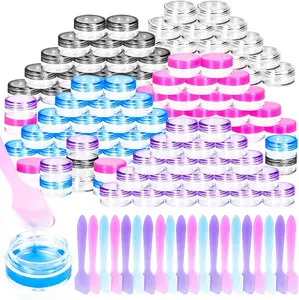 100 count 5g Empty Plastic Containers with Colored ,Mini Makeup Sample Containers, Small Sample Pot Jars Round  Jars with Mini Spatulas for Liquid Sample