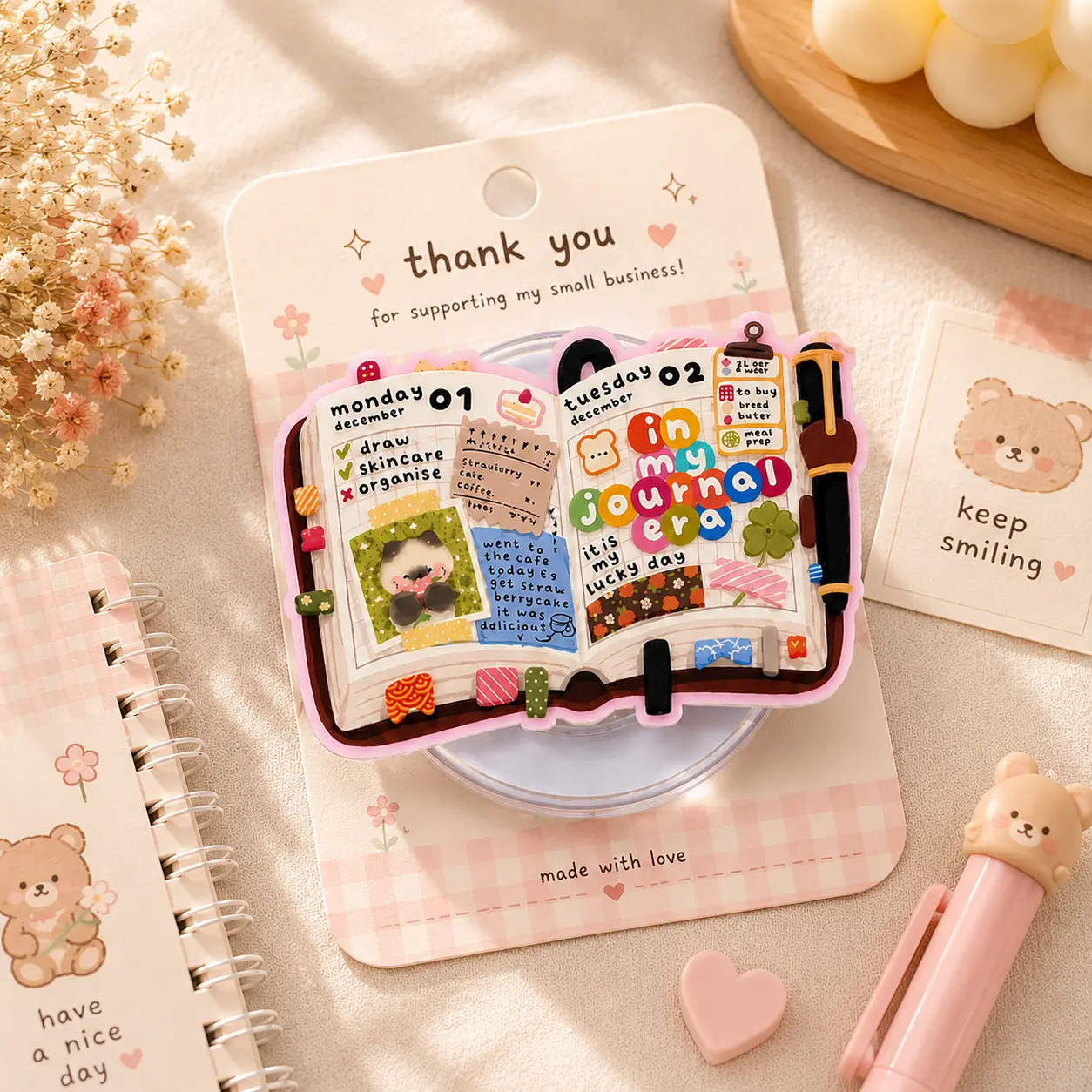 Cute Journal Magnetic Phone Grip Stand, Scrapbook Planner MagSafe Compatible Phone Holder, Kawaii Bookish Kindle Grip, Reader Gift for Her