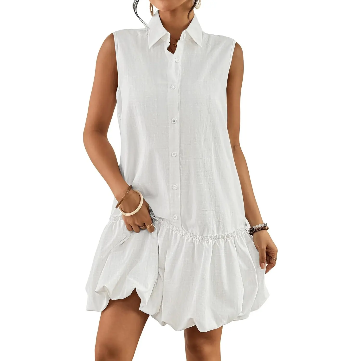 Bsubseach Women Casual Summer Linen Dress Bubble Mini Dress | Sleeveless Button Down Cotton Shirt Sundress with 2 Pockets, Flatters All Figures, Beach Vacation, Brunch Date & Daily Wear