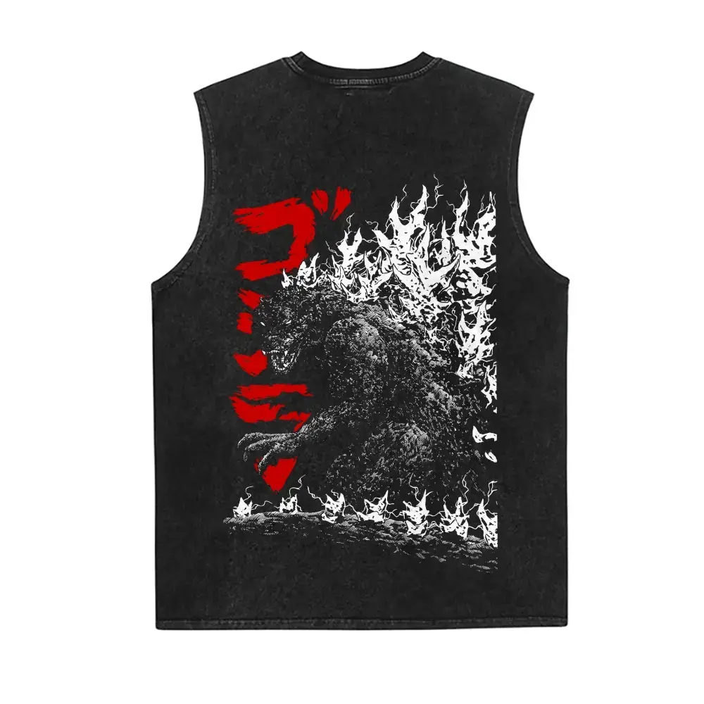 Retro Stonewash Kaiju Sleeveless T-Shirt | Godzilla Back Print Graphic Vest for Men Women | Japanese Anime Aesthetic Muscle Tee | Summer Gym Pump Cover