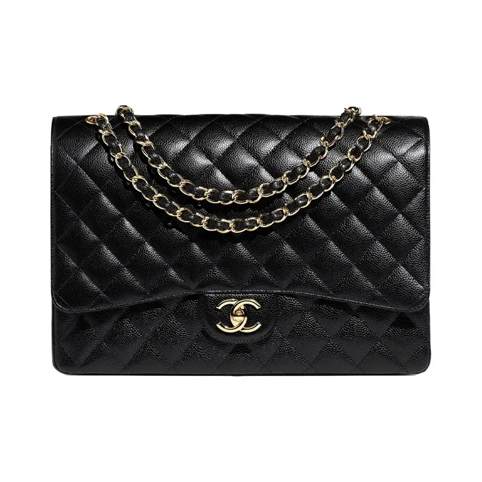 Pre-owned CHANEL Clafskin Shoulder Bags Maxi Classic Flap Black Caviar Pebbled Leather Quilted Shoulder Crossbody Bag With Gold Interlocking CC Turnlock & Leather Woven Chain Strap
