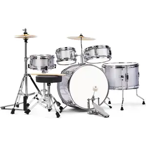 5-Piece Junior Kids Drum Set Kit| 14"x10" with Pedal, Sticks, Stool & Wrench – Silver