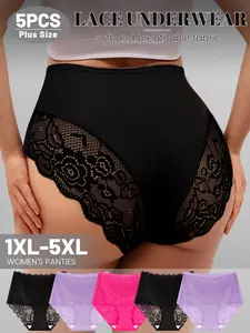 5-Pack Plus Size High-Waisted Lace Underwear Soft Comfy Panties for Women, Sexy Trimmed Hollow Floral Design, Comfortable, Supportive and Breathable Fit, Soft Breathable Panty