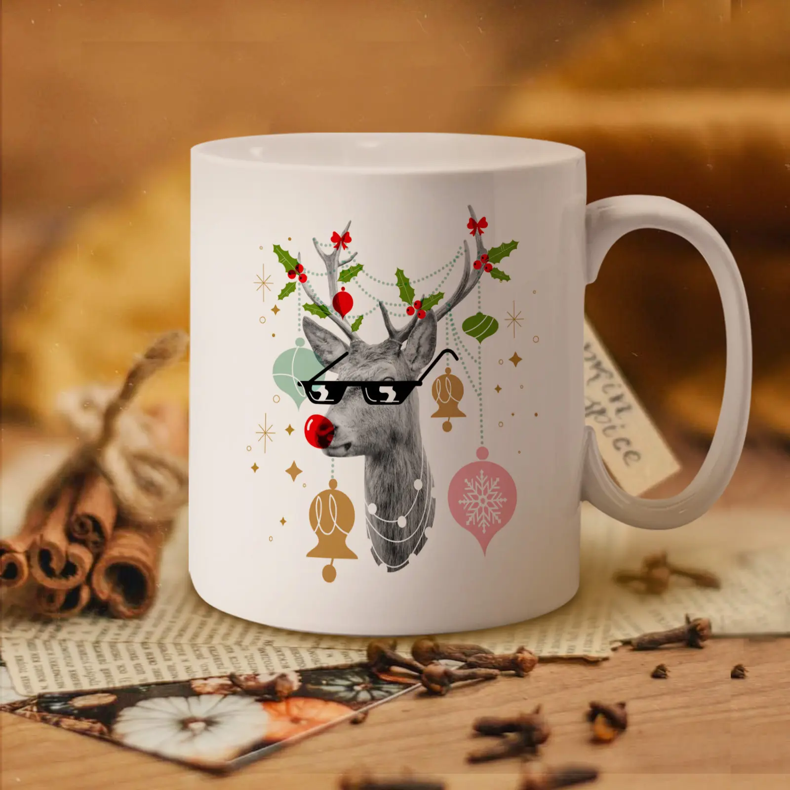 Festive 11oz Ceramic Coffee Mug with Quirky Reindeer Design, Hand-Wash Only - Perfect for Holiday Celebrations & Gifts, Features Christmas Decorations Including Holly, Berries, and Golden Bells, Christmas Mugs, Best for Christmas
