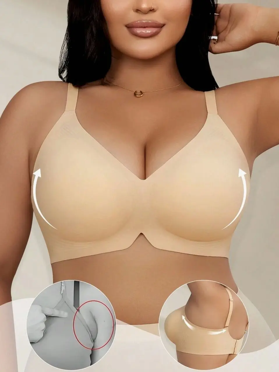 Women's Plus Size Wireless Soft Cup Padded Bra | Seamless Deep V-Neck Full Coverage Lift & Back Smoothing Everyday Bra
