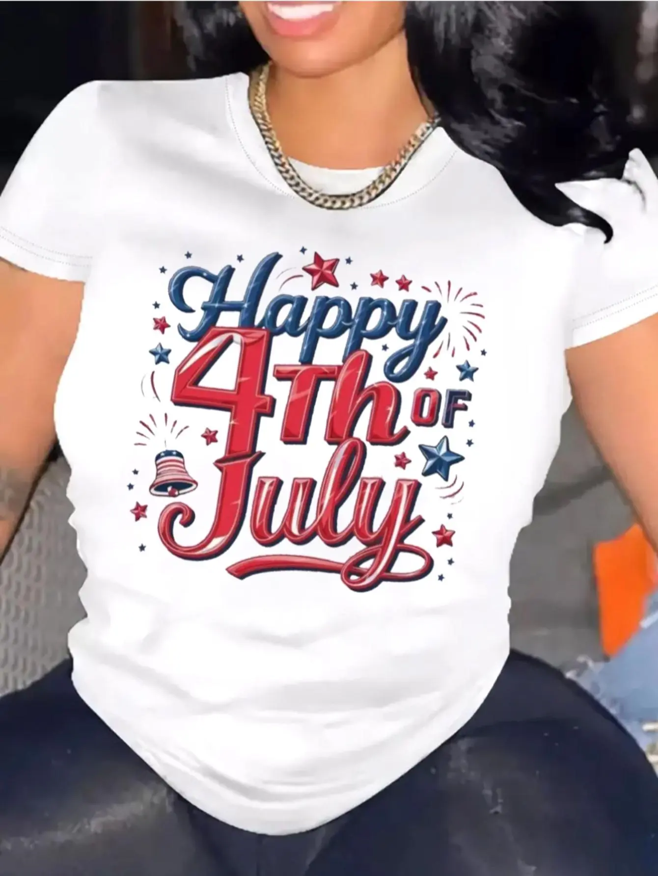 2026 New Men's Cotton Short-Sleeve Patriotic T-Shirt - "Happy 4th of July" Independence Day Tee with Fireworks Print, Bell Accent (Suitable for Joggers)