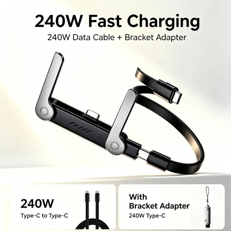 240W Invisible Stand Fast Charging Cable, 240W USB C to USB C Flat Cable 90 Degree Angled, Sideways Phone Type C Charger Cord (4.9FT) Compatible with iPhone 15 16 17 18Series ,Samsung S26 S25 Silicone Detachable Holder
