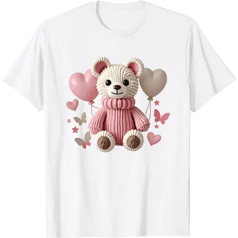 Girls' Slim-Fit Graphic T-Shirt - Cute Teddy Graphic, Crew Neck, Short Sleeves, Soft Breathable Basic Fabric, Durable Stitching, All Seasons, Long Wear, Easy to Match with Jeans Shorts or Jackets, Ideal for Daily Wear Back to School