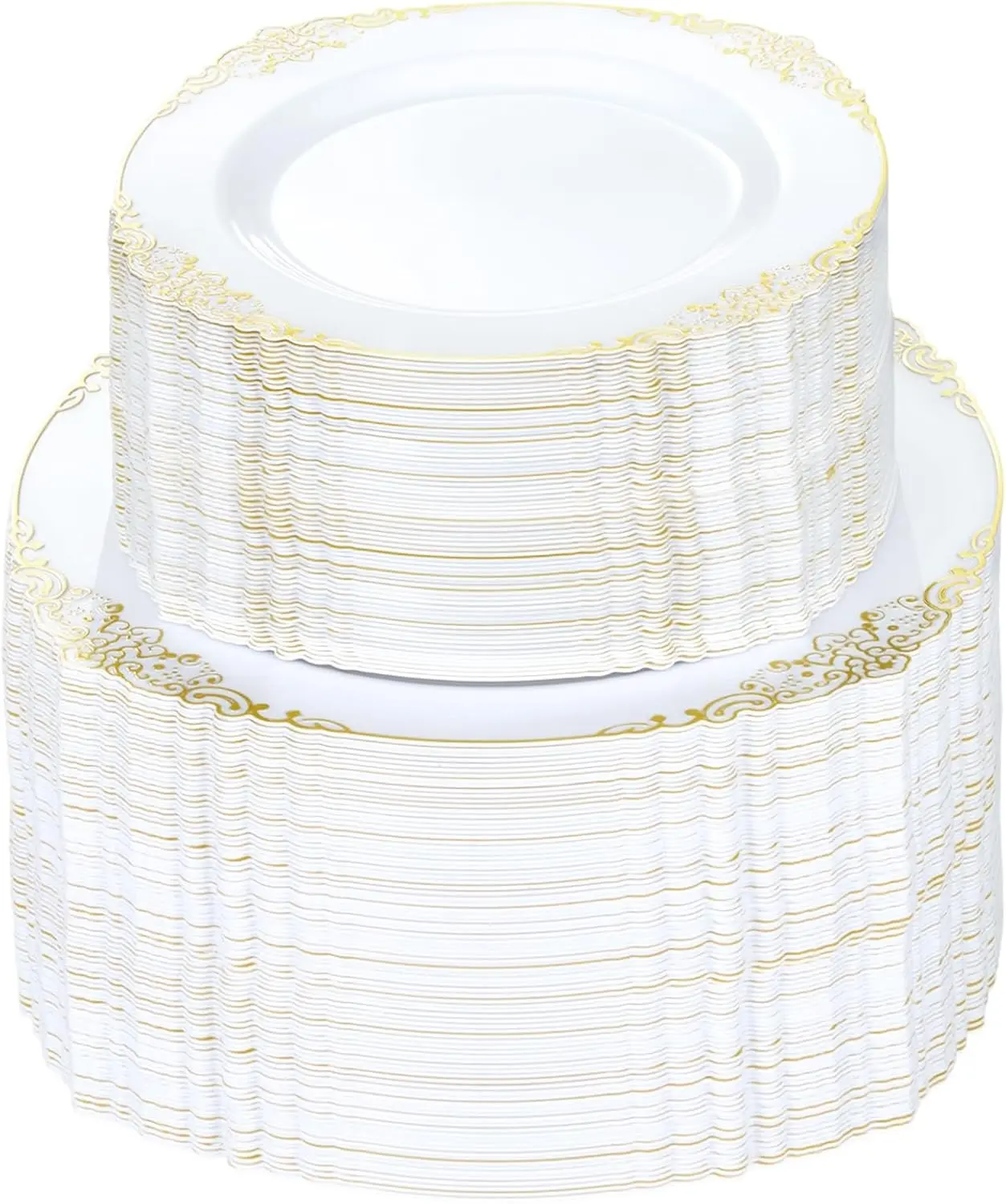 Goodluck 200Pcs White & Gold Plastic Plates for 100 Guests | Disposable Dish Set Includes 100 Dinner Plates & 100 Dessert Plates for Party, Wedding & Graduation