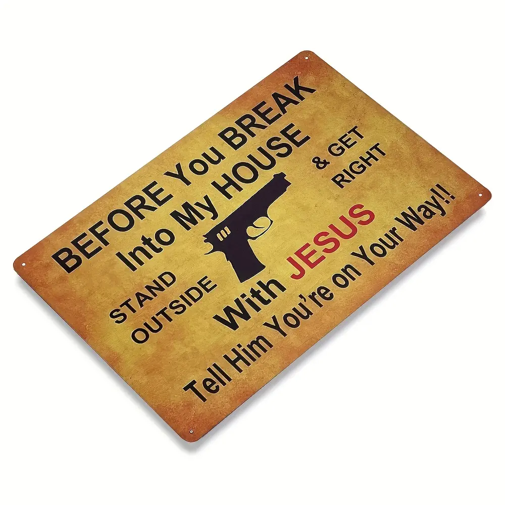 Vintage Gun Warning Sign for Home Security - 30x20cm Metal Plaque for Kitchen, Bar, and Coffee Shop Décor
