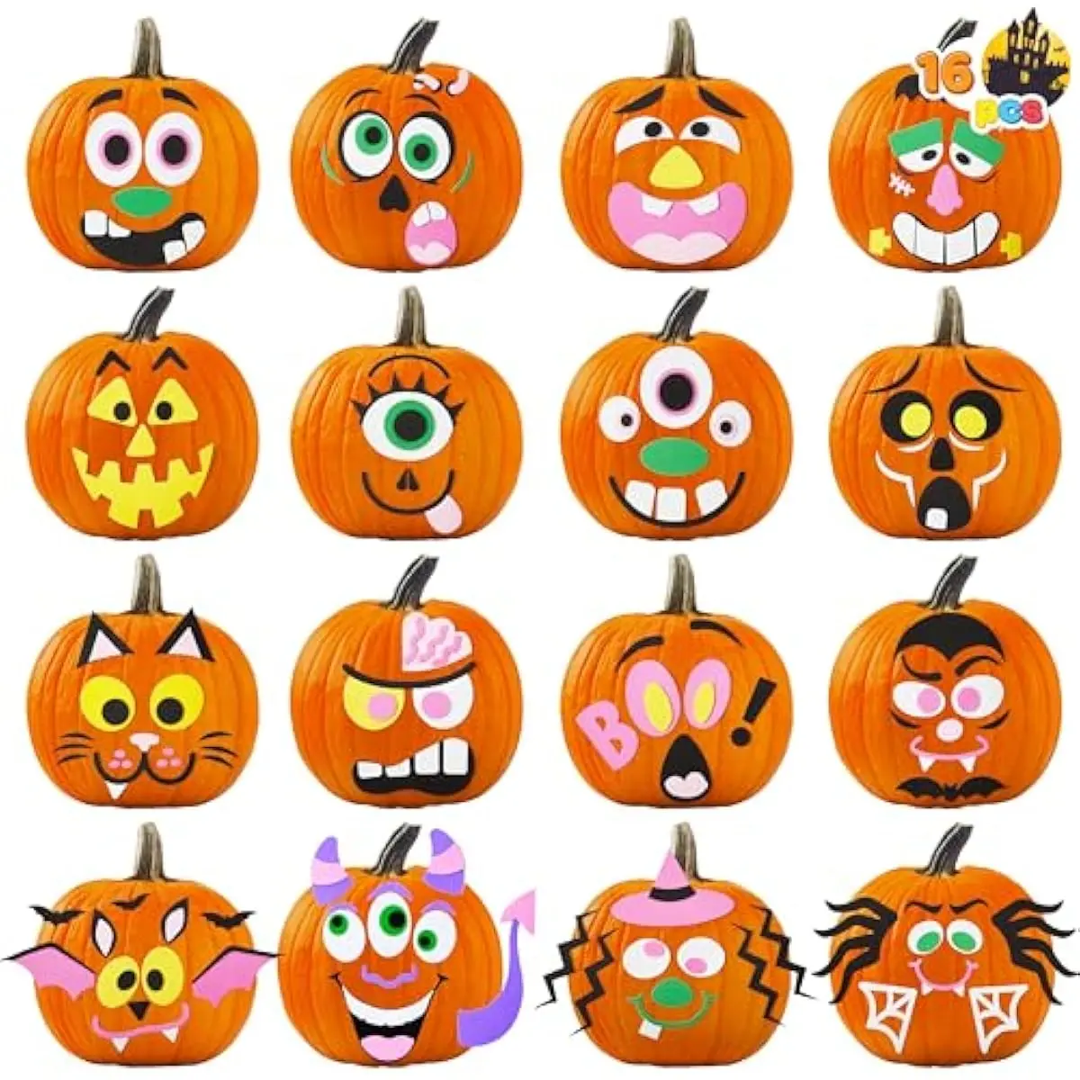 16 Packs Halloween Pumpkin Decorating Stickers Foam Craft Kit, Halloween Party Favors for Kids, Party Supplies Arts Activities, Jack O Lantern Face Sticker School Games Gifts