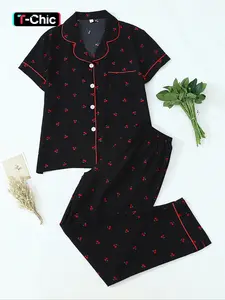 Women's Two-Piece Pajama Set, Contrast Binding Lapel Pocket Heart Embroidery Short Sleeve Top & Bow Pants Sleepwear for Home Use Loungewear