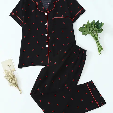 Women's Two-Piece Pajama Set, Contrast Binding Lapel Pocket Heart Embroidery Short Sleeve Top & Bow Pants Sleepwear for Home Use Loungewear