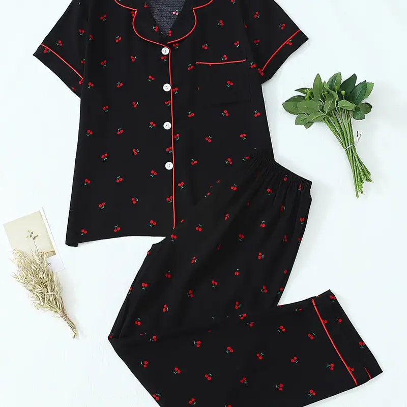 Women's Two-Piece Pajama Set, Contrast Binding Lapel Pocket Heart Embroidery Short Sleeve Top & Bow Pants Sleepwear for Home Use Loungewear