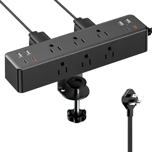 Flat Plug Desk Clamp Power Strip 10FT, 40W Total   Station, Dual PD 20W USB C Ports, Desk Edge Mount Power Strip 9 AC Outlets 8 USB Ports(4 USB C) Surge Protector, Fit 1.7" Tabletop Edge