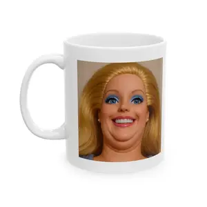 Funny Awkward Smile Doll Coffee Mug, Unhinged Reaction Meme Mug, Weird Barbiecore Humor Cup, Dramatic Creepy Smile Novelty Mug, Gen Z Meme Coffee Gift