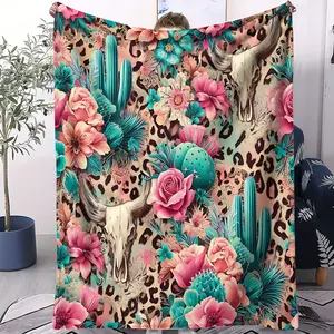 Western Desert Cactus Leopard Flannel Blanket, Flannel Throw Blankets, 3D Digital Print Throw Blanket, Soft Warm Blanket for Couch Bed, Cozy Gift Blanket for Boho Home Decor, Lightweight Flannel Blanket for All Season Use