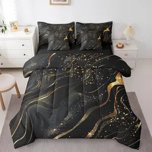 Marble Texture 7 Pcs Comforter Set,Set,Black Gold Bedding Set for Children Boys Girls,Shiny Glitter Modern Aesthetic Stone Bed in A Bag