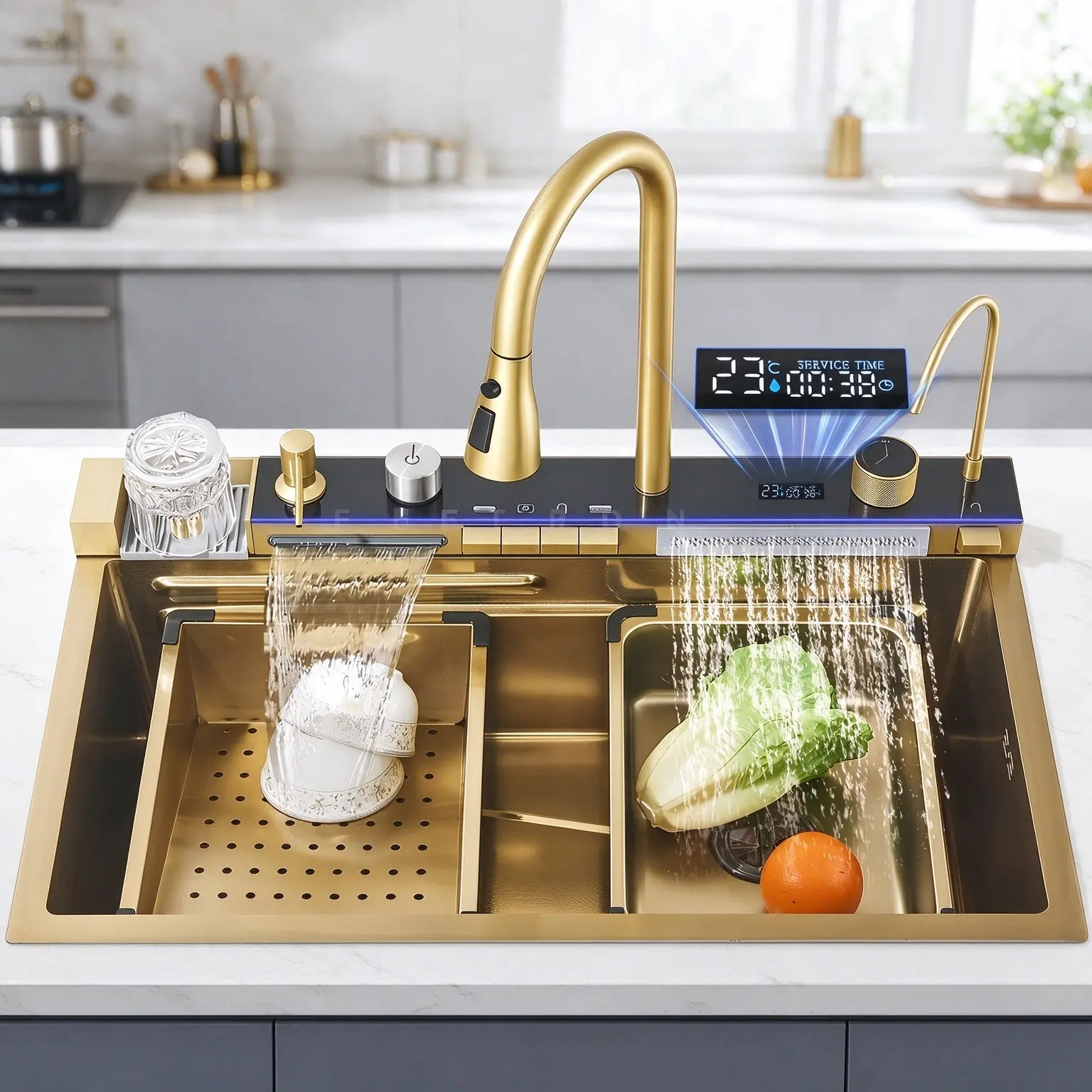 1 Set Digital Display Waterfall Sink Single Bowl Kitchen Sinks - Stainless Steel Bar Sink With Pull Down Sprayhead Faucet, Smart Modern Kitchen Sink With Full Set Of Accessories, Gun Gray&Brushed Golden，29.5x18 Inch