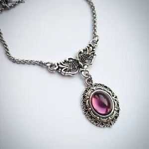 Gothic Bat Purple Gem Pendant Necklace - Vintage Silver Filigree Choker, Victorian Style Oval Amethyst Necklace for Women, Dark Academia & Witchy JewelryGothic Bat Purple Gem Pendant Necklace - Vintage Silver Filigree Choker, Victorian Style Oval Amethyst