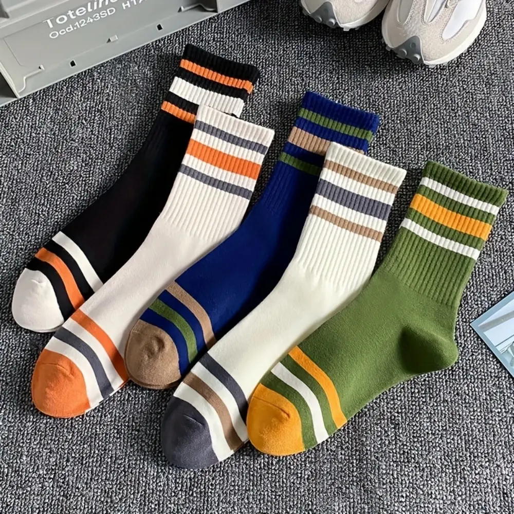 5 pairs of long tube men's socks ins trendy striped sports socks high tube basketball socks