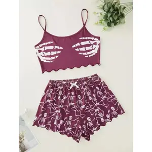 Women's Halloween pumpkin print vest and shorts pajama set, suitable for parties or comfortable nights at homeRAIMENTRY