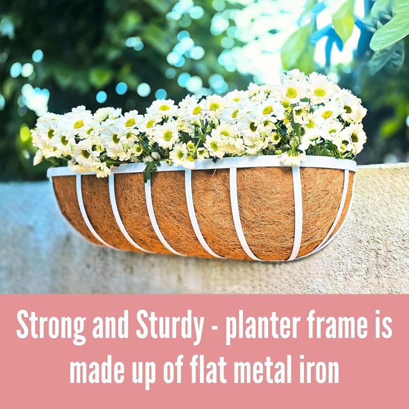 LaLaGreen Window Planter Box (24 Inch, 2 Pack) White Metal Deck Railing Flower Boxes with Coco Liners, Rectangular Wall Planters for Outdoor Plants Horse Troughs Fence Balcony Garden Herb Patio Porch