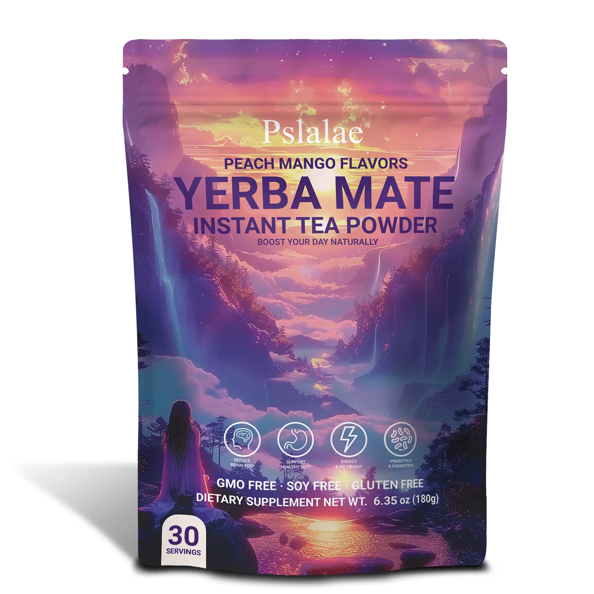 Pslalae - Yerba Mate Instant Tea Powder, Natural Peach Mango Flavour, Rich in Prebiotics and Probiotics, Supports Gut Health, Low Sugar, Gluten Free,
