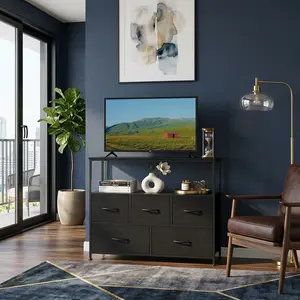 5 Fabric Drawers TV Stand Entertainment Center, Steel Frame with Open Shelf, Wood Top, Perfect for Bedroom/Entryway TV Storage & Organizing