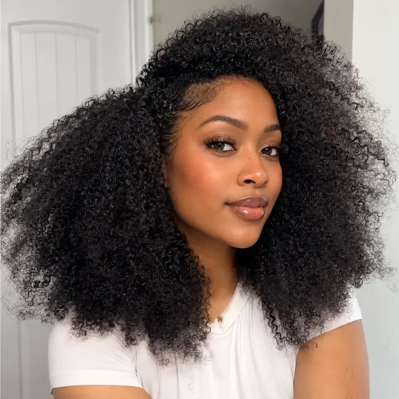 [3 In 1 Half Wig] Kinky Curly Easy To Wear Glueless Half Wig 200% Density Upgrade With Drawstring Cap Invisible Hairline Human Hair Wigs Beginner Friendly