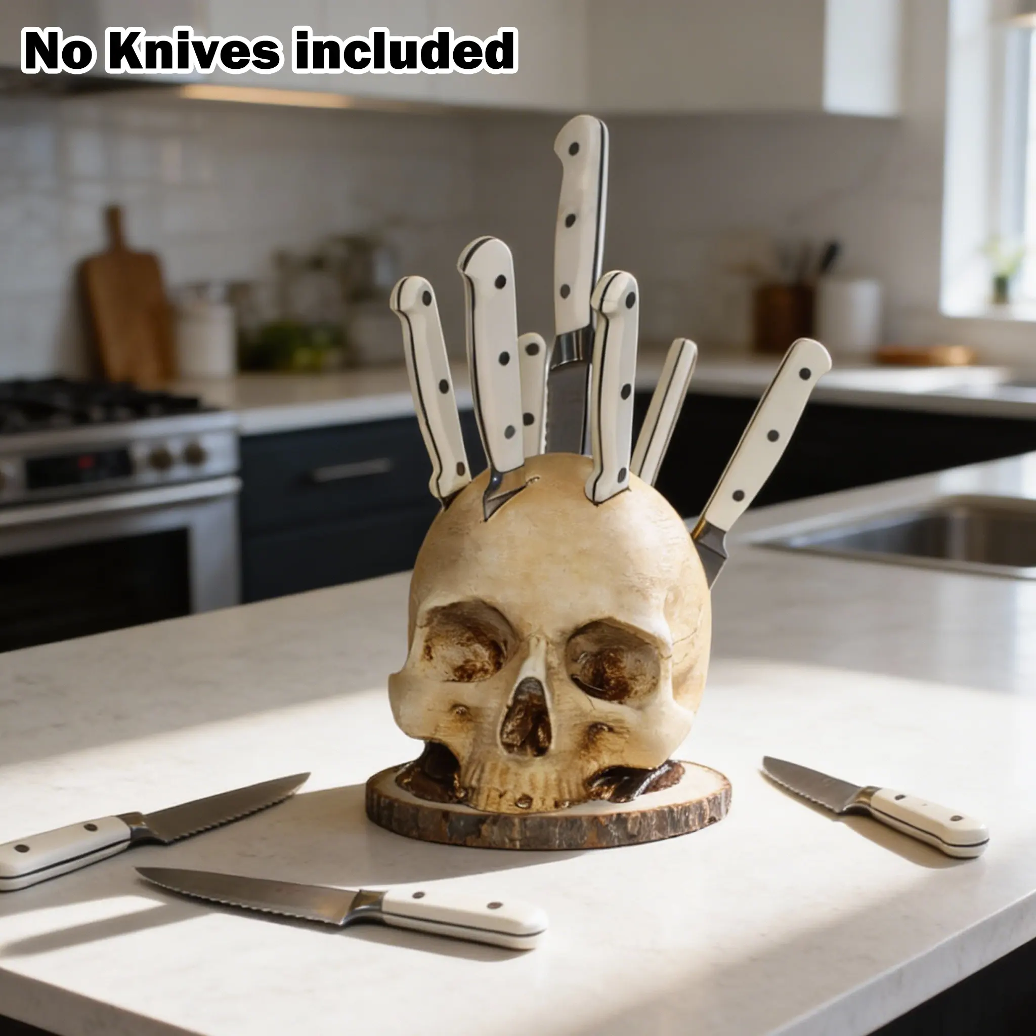 Vintage Distressed Gothic Skull Knife Block Holder - Compact Kitchen Utensil/Steak Cutlery Storage, Gothic Enthusiasts’ Home Decor, Halloween Gift (No Utensils Included), Christmas