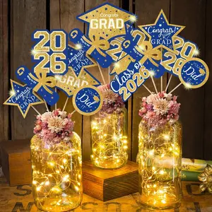 Graduation Decorations Class of 2026-30pcs Blue and Gold Graduation Table Centerpieces Sticks Table Toppers with Lights for College High School Congrats Grad Party Supplies