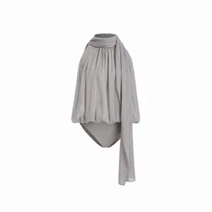 Cider Chiffon Asymmetrical Neck Scarf Detail Sleeveless Bodysuit