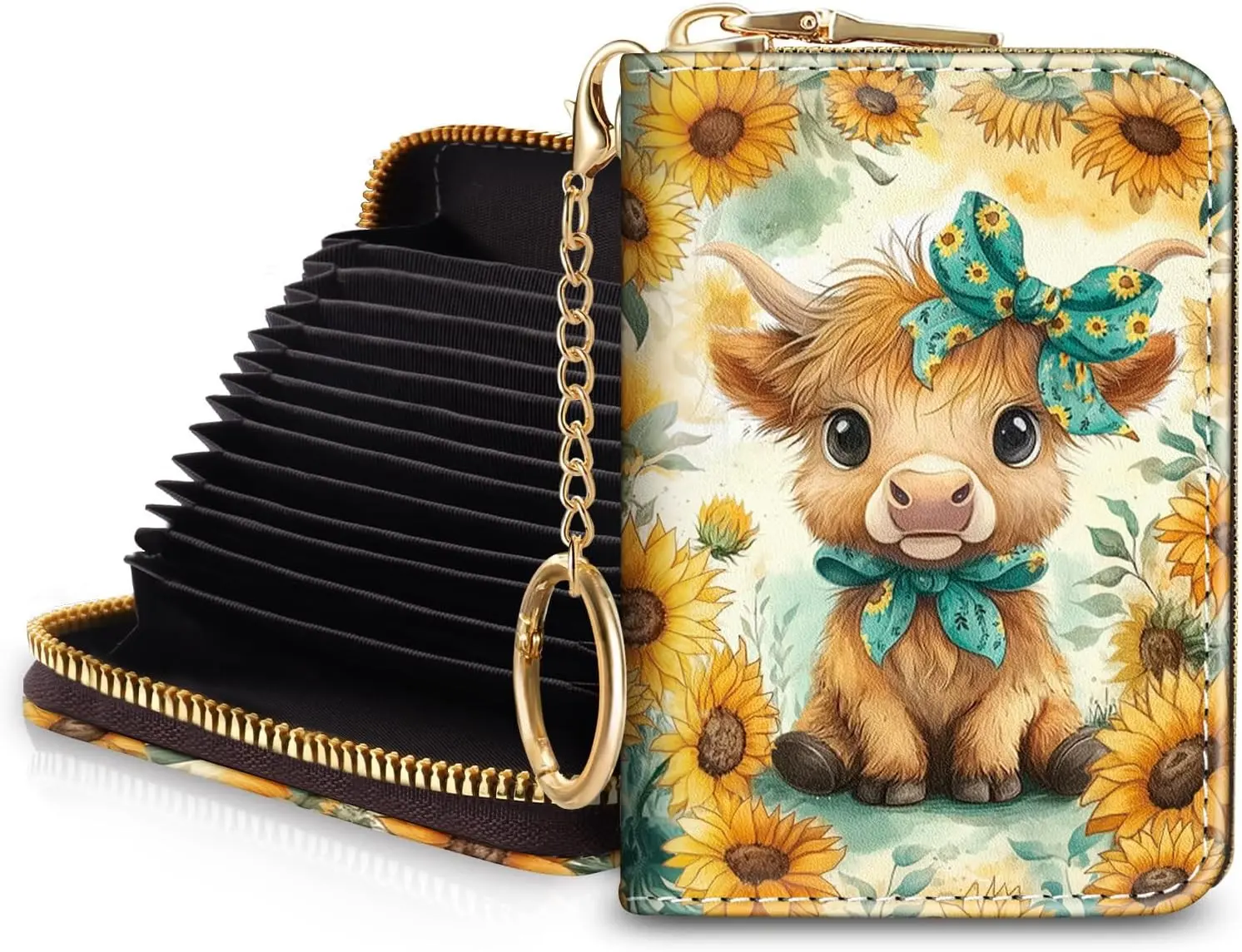 Highland Cow Modern Artwork Credit Card Holder for Women, Small RFID Blocking Zipper PU Leather Accordion Wallet Card Case with Keychain, Perfect Gift
