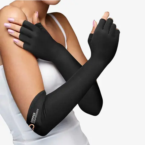 Copper Compression Adult Long Gloves, Fashion Accessories with Extended Forearm Support, Full Coverage for Hands, Wrists & Lower Arm, Everyday Black Fashion Gloves