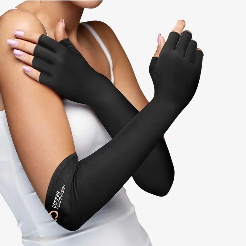 Copper Compression Adult Long Gloves, Fashion Accessories with Extended Forearm Support, Full Coverage for Hands, Wrists & Lower Arm, Everyday Black Fashion Gloves
