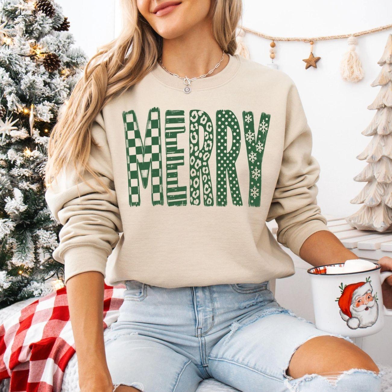 Merry Sweatshirt, Merry Christmas Crewneck, Green Patterned Merry Shirt, Checkered Leopard Print Christmas Pullover, Cozy Winter Holiday Jumper, Retro Festive Aesthetic Apparel, Vintage Xmas Party Outfit, Cute Christmas Gift For Women